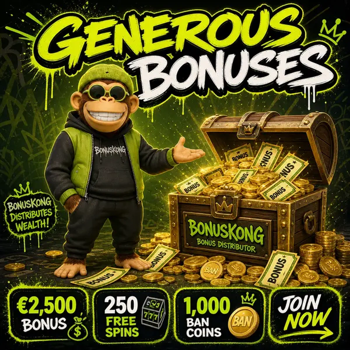 BonusKong se tient à côté d'un coffre au trésor débordant révélant de généreuses pièces bonus et récompenses promotionnelles