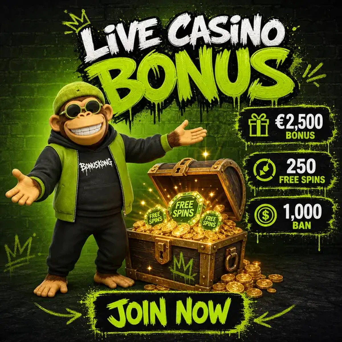 BonusKong señalando cofre del tesoro desbordante de bonos de casino en vivo y monedas doradas