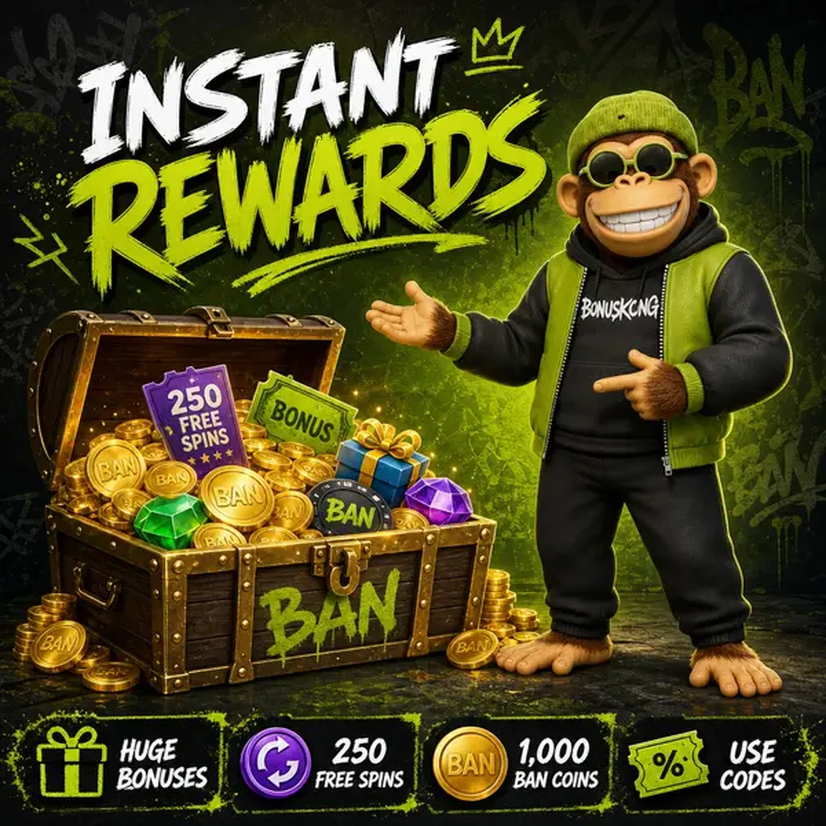 BonusKong présentant un coffre au trésor de codes promo au portail de récompenses BonusKong Casino