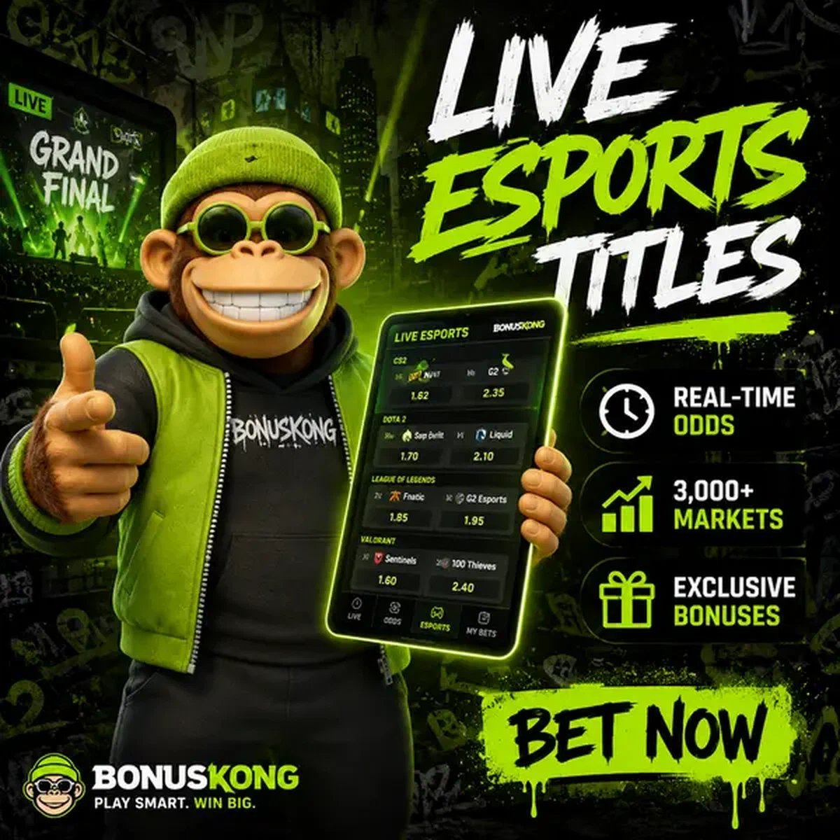 BonusKong interagissant avec les cotes de paris esports en direct sur tablette lumineuse à l'arène