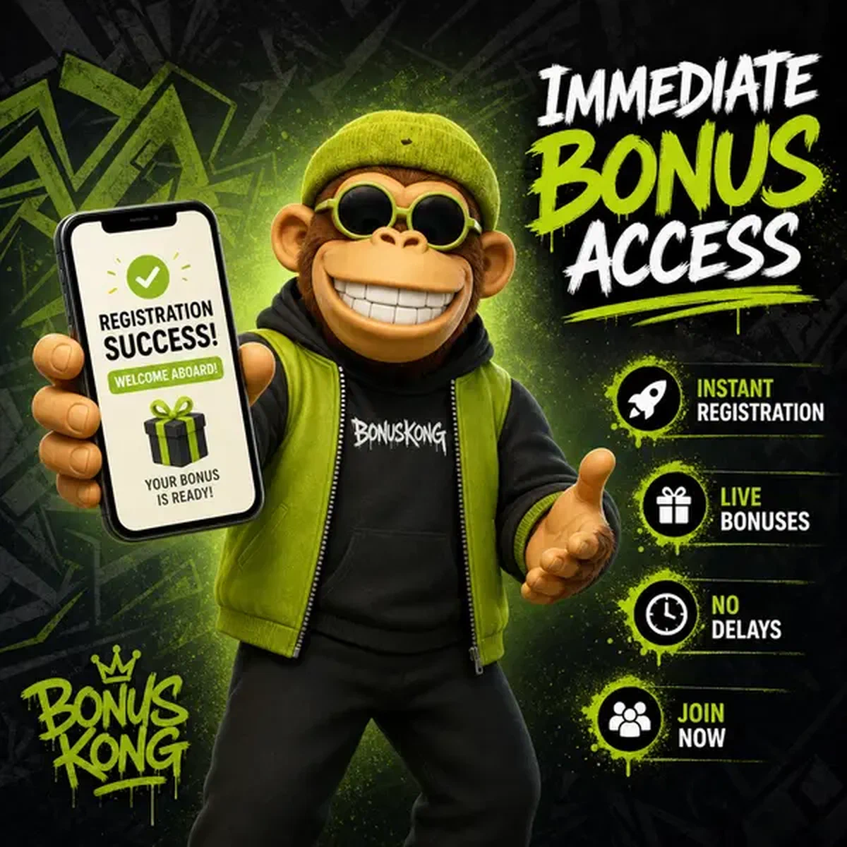 BonusKong tenant un smartphone montrant le succès de vérification instantanée au portail d'inscription accueillant