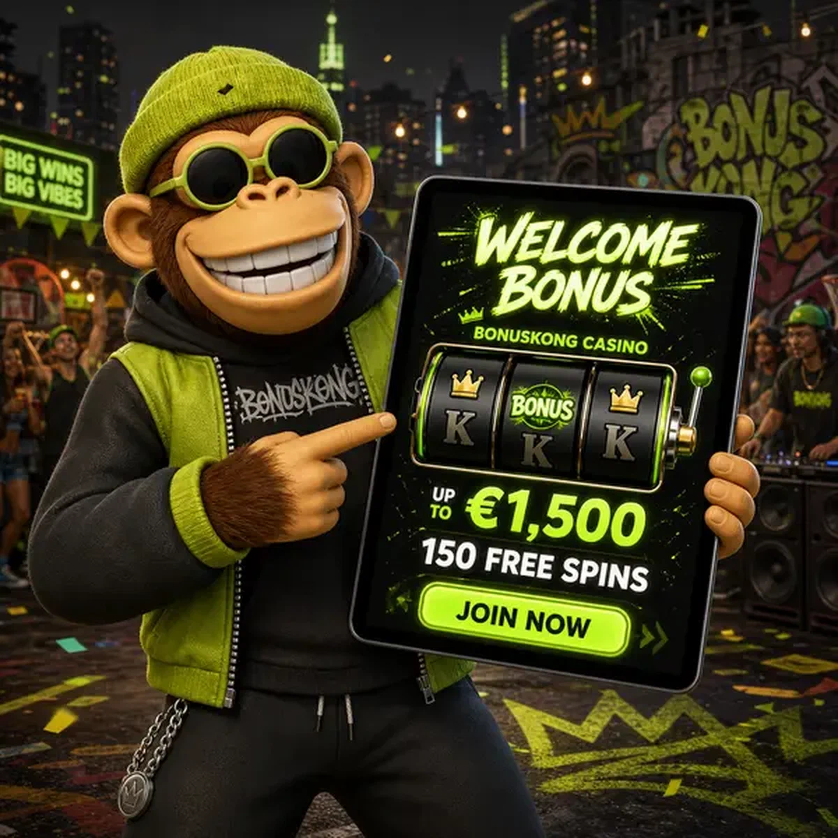 BonusKong célèbre les gains du bonus de bienvenue sur une tablette lumineuse lors d'une nuit de casino urbain