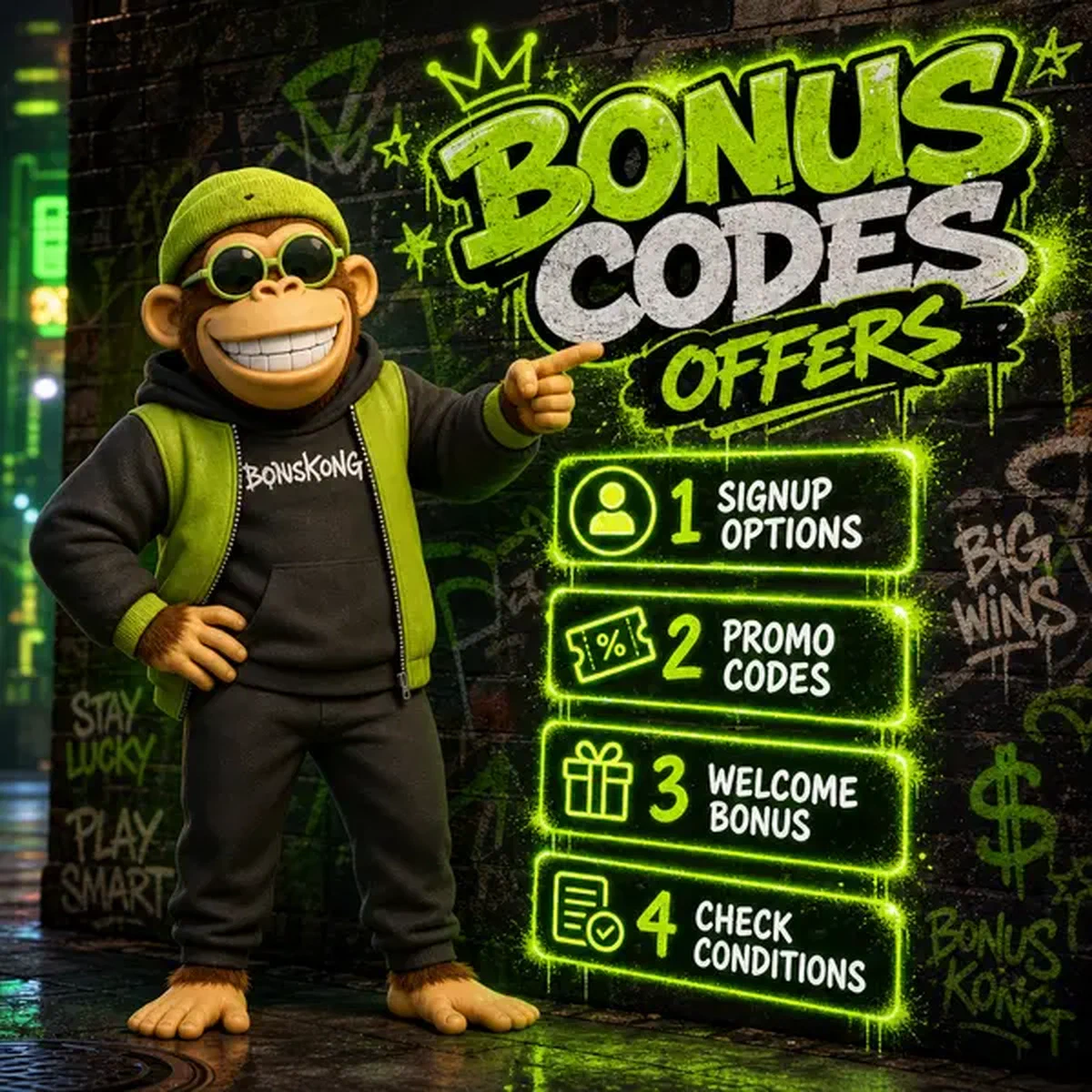 BonusKong pointant vers des codes promo lumineux sur un mur de graffitis urbains présentant des offres bonus