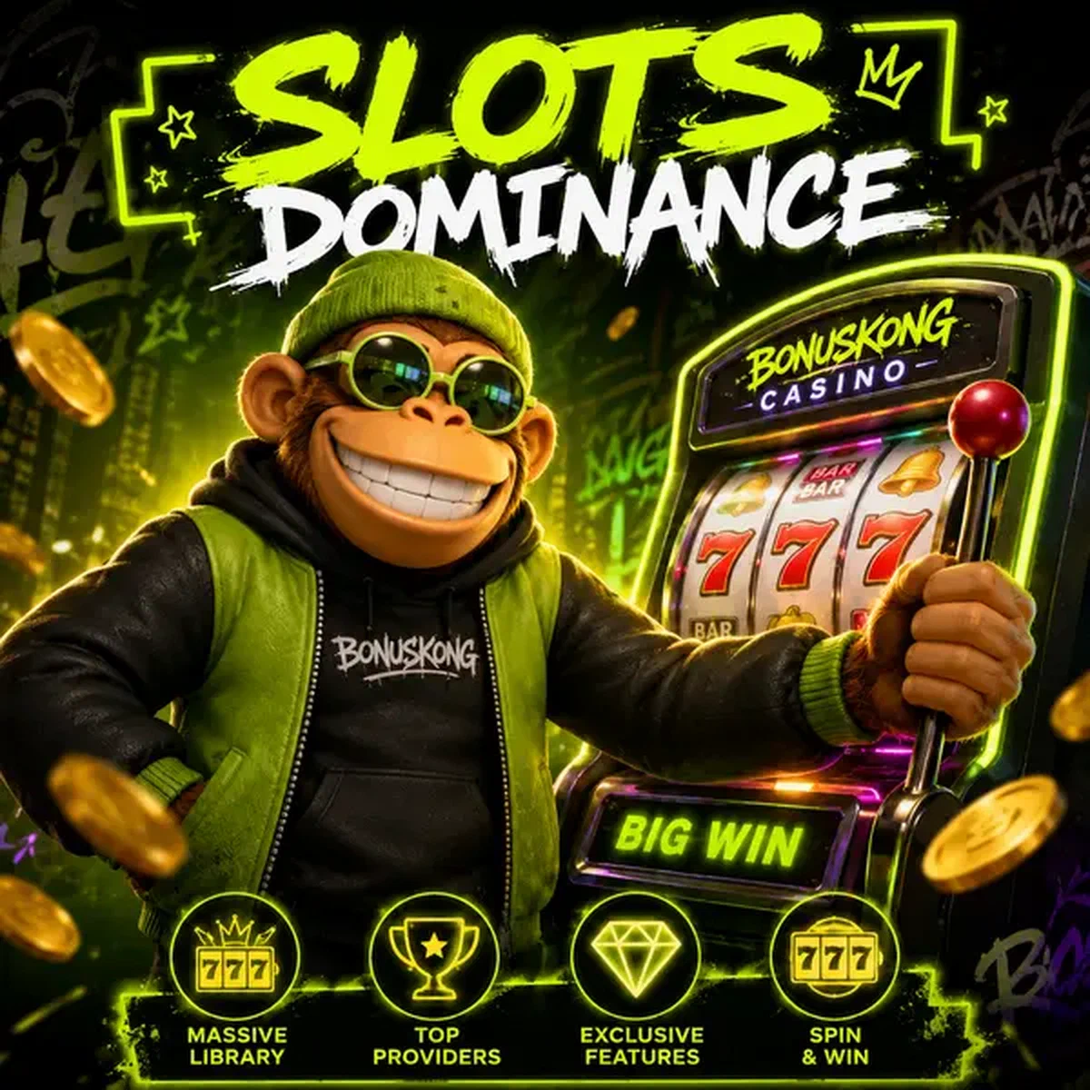 BonusKong faisant tourner des machines à sous colorées dans une salle de jeu éclairée au néon