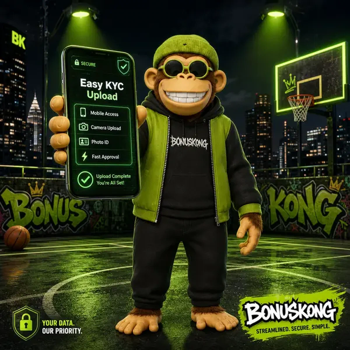 BonusKong tenant un smartphone pour une vérification d'identité facile chez BonusKong sur un toit urbain