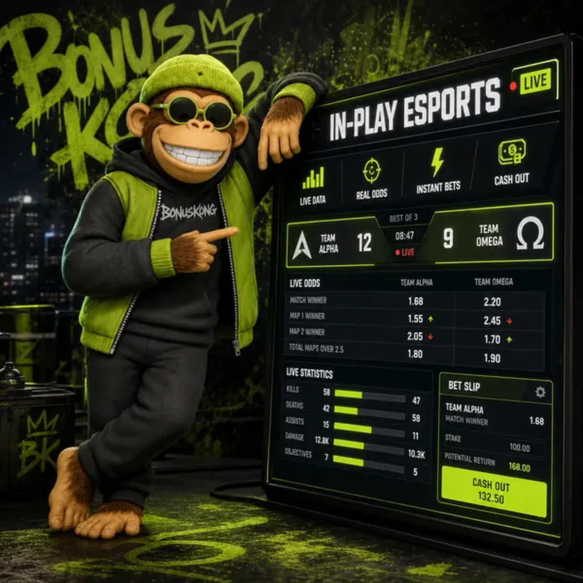 BonusKong analysant les données esports en direct au tableau de bord numérique In-Play Esports Betting Experience
