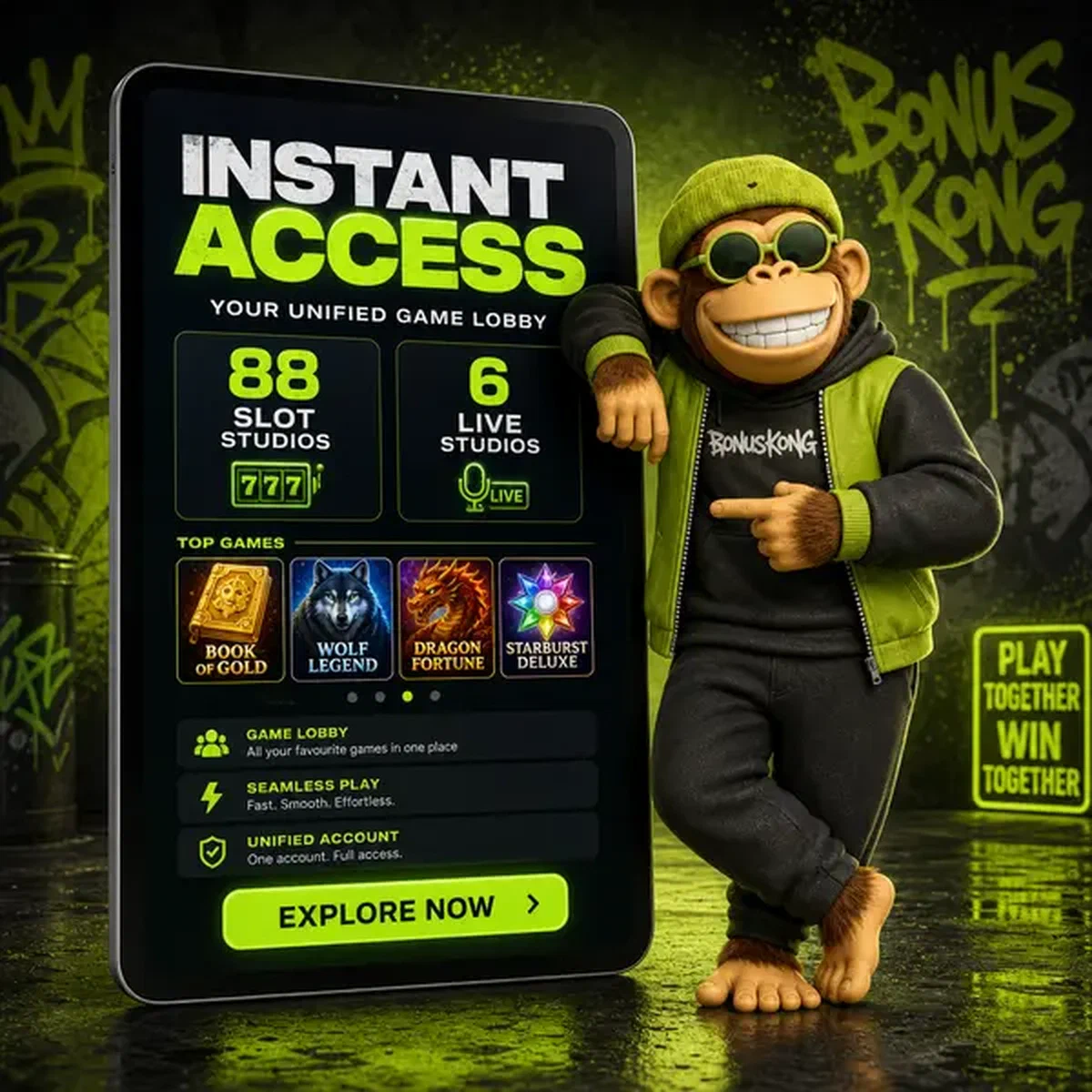 BonusKong faisant un geste vers l'accès instantané au lobby de jeux au portail Instant Game Lobby Access from Dashboard