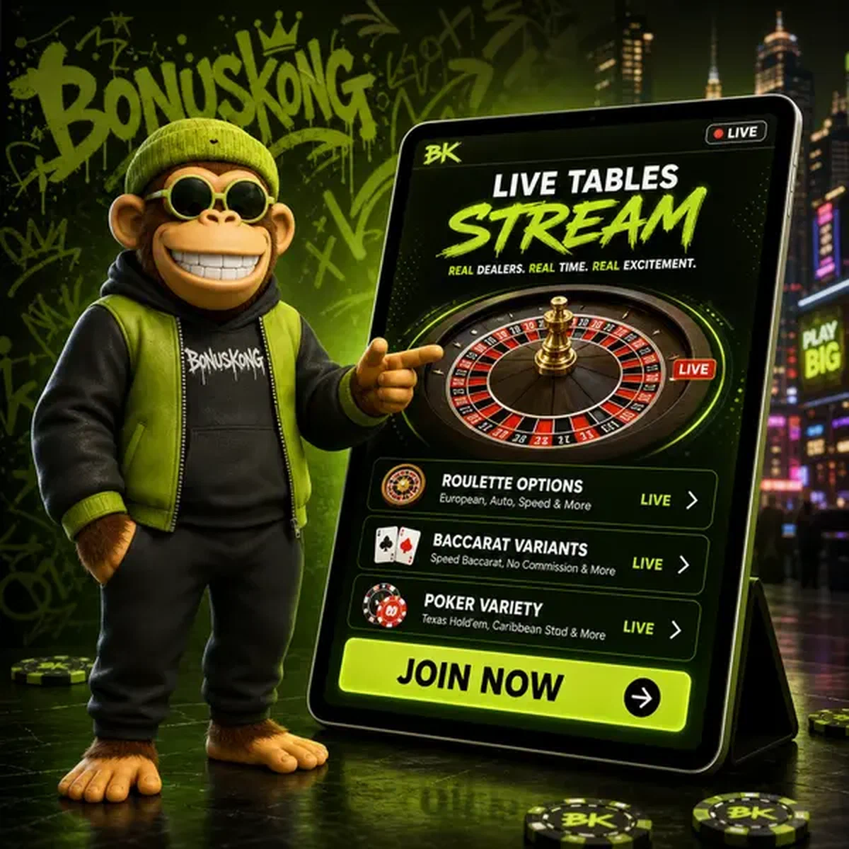 BonusKong presentando juegos de crupier en vivo en mesas de transmisión con interfaz de ruleta digital