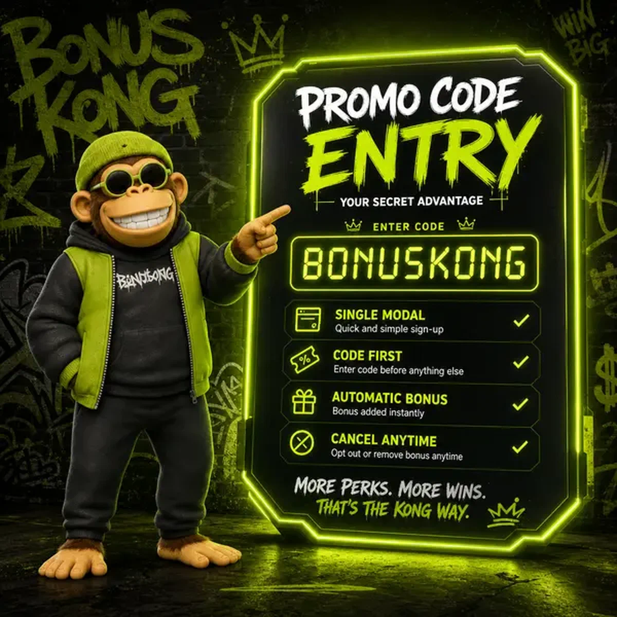 BonusKong pointant vers un panneau de code promo lumineux pour une activation facile du bonus BonusKong Casino